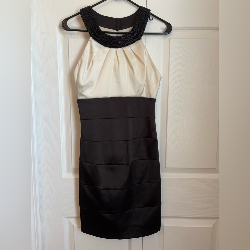 B Darlin Black and White Cocktail Formal Dress with Beaded Neckline